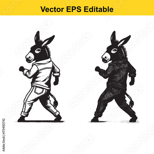 Two donkeys walking, one in outline and one in silhouette, isolated on white background