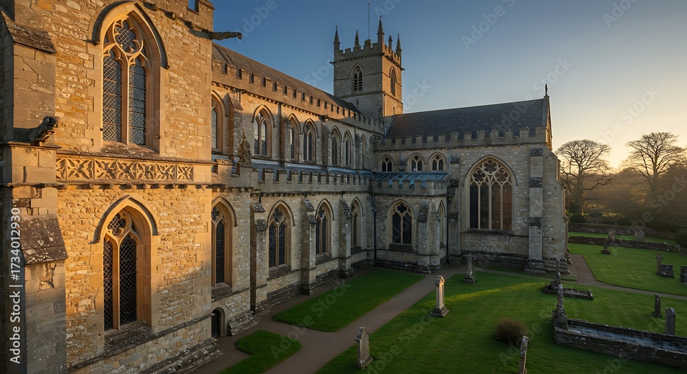 Fototapeta premium Historic stone church exterior with gothic architecture and green lawn at sunrise