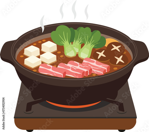 A steaming hot pot filled with tofu, meat, bok choy, and mushrooms, cooking on a portable stove.