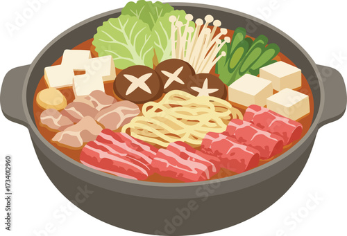 A steaming hot pot filled with an assortment of fresh ingredients including thinly sliced meats, tofu, noodles, mushrooms, and leafy green vegetables.
