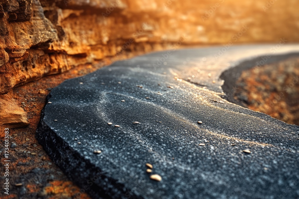 Fototapeta premium A winding, textured asphalt road curves alongside an earthy, sunlit rock wall, disappearing into a soft-focus background, evoking a journey.