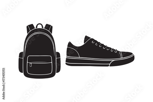 Black silhouette of a backpack and sneaker on white background