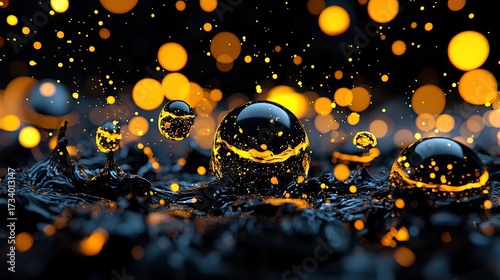 Abstract spheres of liquid gold on dark liquid surface.