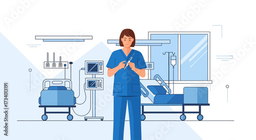 Female healthcare professional prepares injection in a hospital room setting illustration