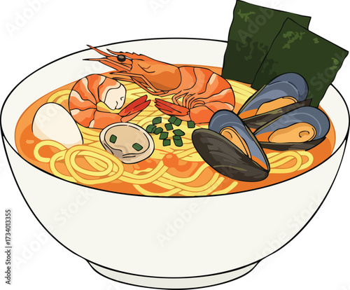 Illustration of a bowl of seafood ramen with shrimp and mussels.