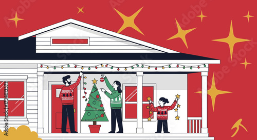 Festive family decorating their home for christmas with lights and ornaments illustration