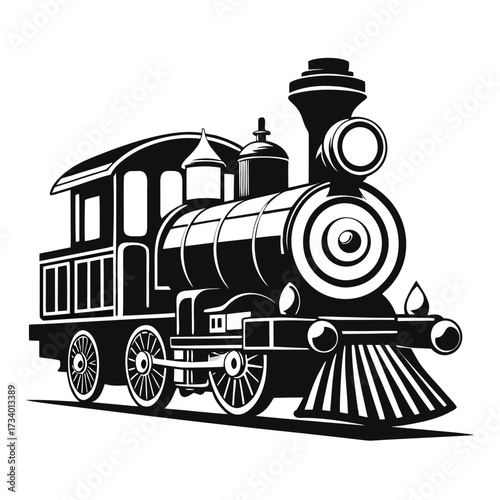 Stylized black and white drawing of a vintage steam engine on train tracks locomotive railroad