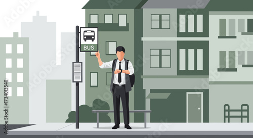 Flat vector illustration of a businessman waiting at a city bus stop with buildings in the