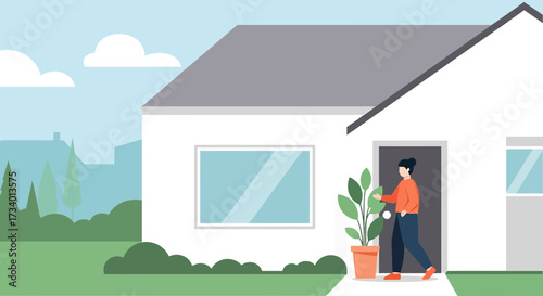 Flat vector illustration of a woman entering her house carrying a potted plant with blue sky and