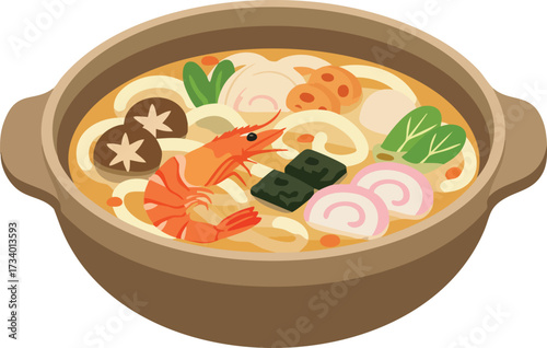 Japanese Nabeyaki Udon Noodle Soup with Shrimp and Vegetables.