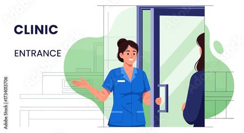 Friendly clinic receptionist welcoming a patient into a modern medical facility professional setting