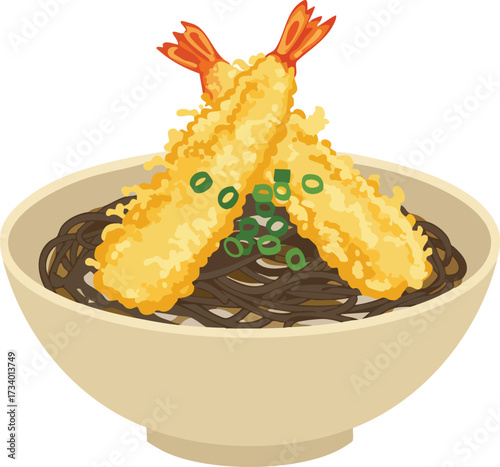 A vector illustration of a bowl of Japanese soba noodles topped with two crispy shrimp tempura and garnished with chopped green onions.