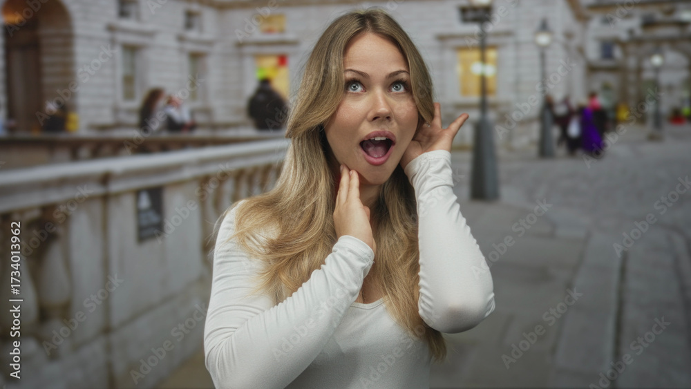 Fototapeta premium Blonde woman with hand on cheek and mouth open on a busy city sidewalk in daylight; surprise awe amazement excitement.