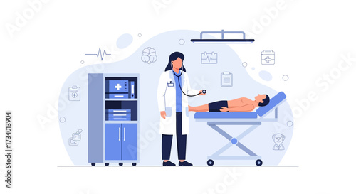Healthcare professional examining a patient in a medical facility, using a stethoscope on a man