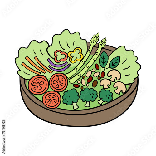 Hand Drawn Fresh Vegetable and Bean Salad in a Bowl. Fresh Salad Bowl Illustration.
