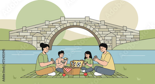 Happy family enjoying a peaceful picnic by the river with a majestic stone bridge backdrop