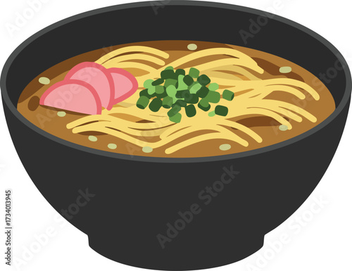 A close-up illustration of a bowl of Japanese udon noodle soup with toppings.