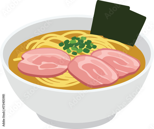 Bowl of ramen with pork, seaweed, and green onions in broth.
