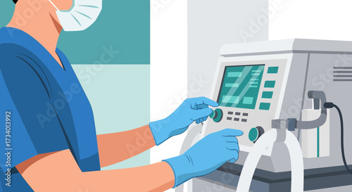 Healthcare professional operating ventilator during medical treatment illustration scene