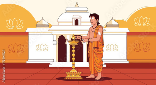 Hindu priest offering prayers near temple, creating a devotional atmosphere filled with hope and