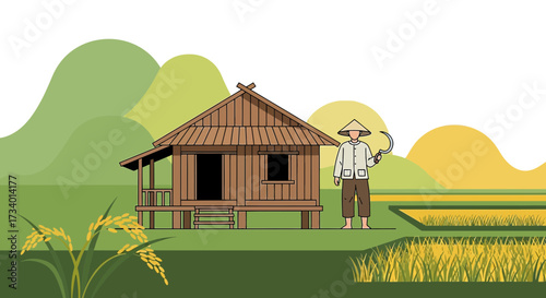 Idyllic Asian rural landscape illustration featuring a farmer and traditional house