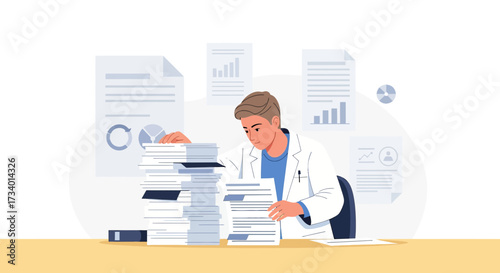 Illustration depicting a doctor overwhelmed with paperwork and documentation in a clinical setting