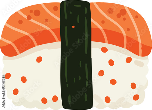 A vibrant illustration of a single piece of salmon nigiri sushi with rice, salmon, and a nori wrap, featuring small orange dots.