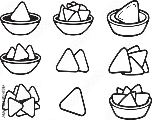 Hand drawn icons of triangular food items and bowls
