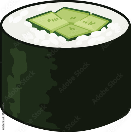 A close-up illustration of a single, perfectly formed sushi roll with rice and cucumber filling.