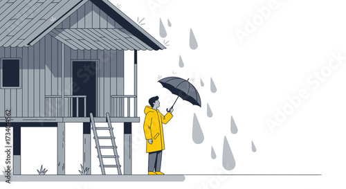 Illustration depicting a person under an umbrella in the rain near a stilt house evoking weather