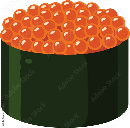 Close-up shot of a sushi roll with a topping of bright orange fish roe.
