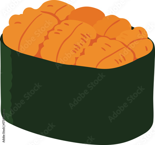Illustration of a piece of uni sushi, featuring sea urchin roe on seaweed.