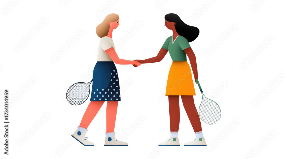 Fototapeta premium Tennis Tournament Handshake: Capturing a moment of sportsmanship and respect between two female tennis players before the start of the match.