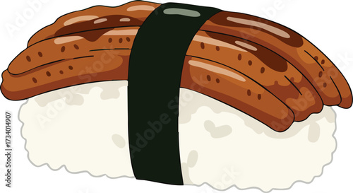A close-up illustration of a piece of unagi nigiri sushi, showcasing the eel and rice.