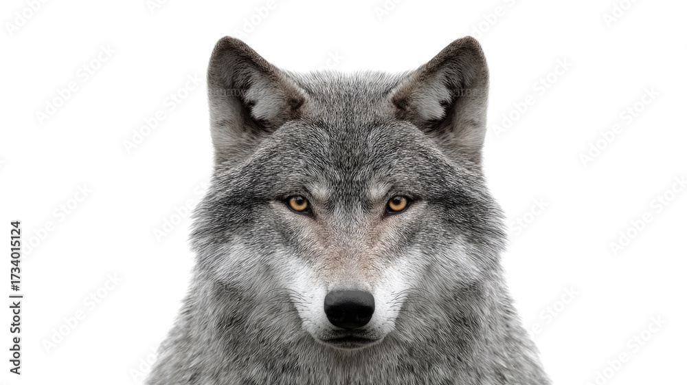 Fototapeta premium Majestic Wolf Portrait: A captivating close-up of a wolf's face, its piercing eyes reflecting an untamed spirit. The high-definition image showcases the animal's fur in intricate detail.