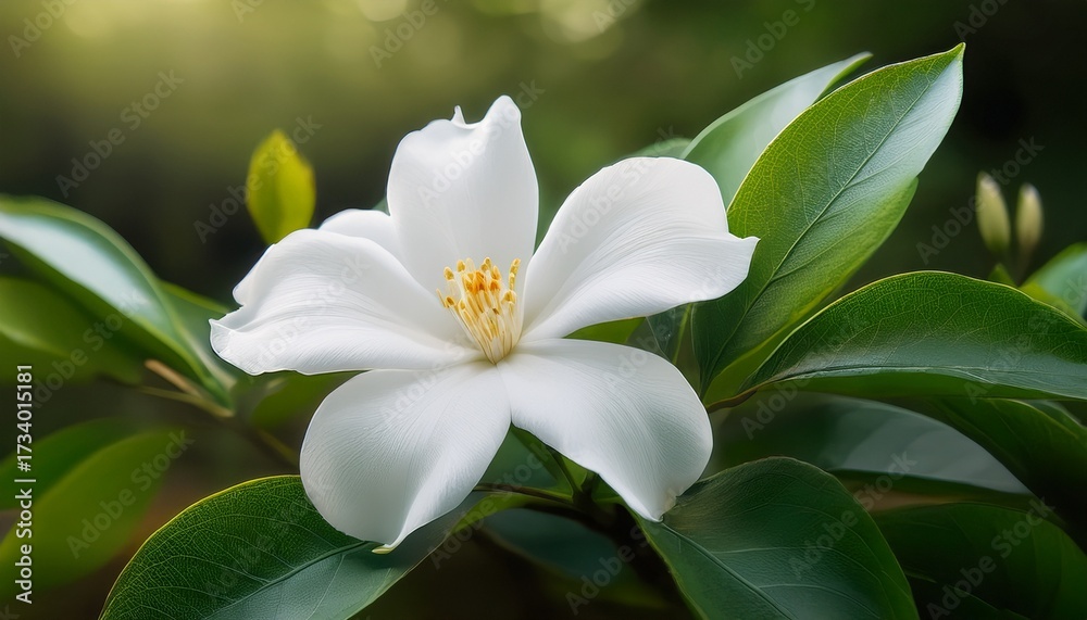 Obraz premium white flower blossom with green leaves beauty and tranquility theme