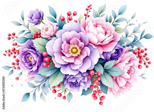Elegant Peony and Berry Bouquet - Isolated on transparent background