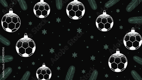 A festive black background with soccer ball ornaments, snowflakes, and pine branch decorations scattered around