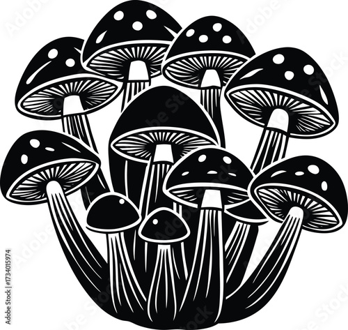 A cluster of stylized black and white mushrooms with distinctive caps and stems