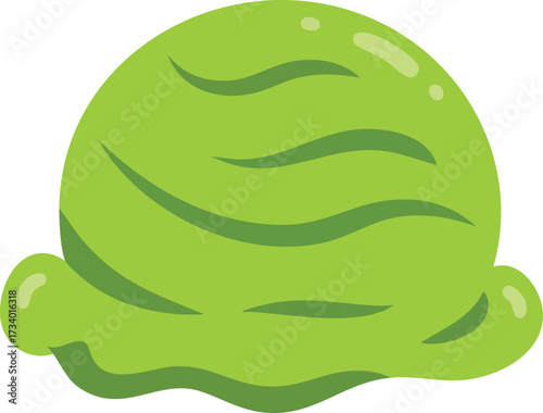 A vibrant green scoop of ice cream, possibly matcha or pistachio flavored, with a smooth, slightly melted texture, isolated on a white background.