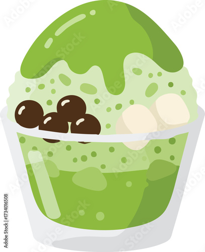 A refreshing green shaved ice dessert topped with whole green grapes and red seeds, served in a clear glass.