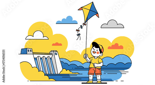 Illustration of a boy flying a kite near a dam on a sunny day in minimalist style