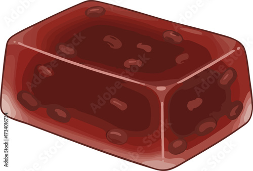 A block of red bean jelly dessert, translucent and rectangular.