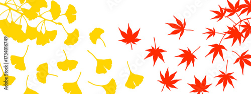 Colorful silhouette illustrations of autumn leaves isolated on transparent background, autumn illustration set