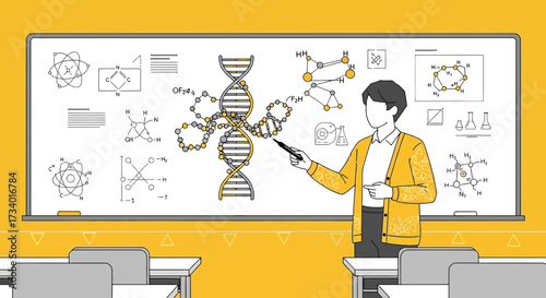 Illustration of a chemistry teacher explaining molecule structures in front of a classroom setting