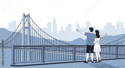 Illustration of a couple admiring the city skyline from a bridge viewpoint together