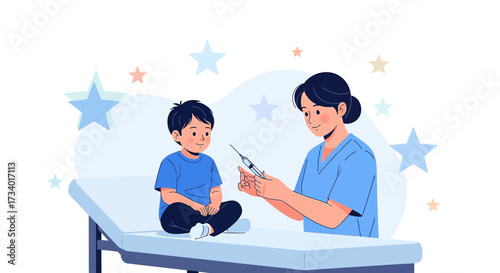 Illustration of a doctor giving a vaccine to a child in a medical setting background