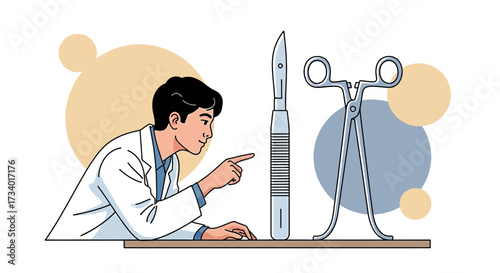 Illustration of a doctor pointing at surgical tools ready for an upcoming procedure