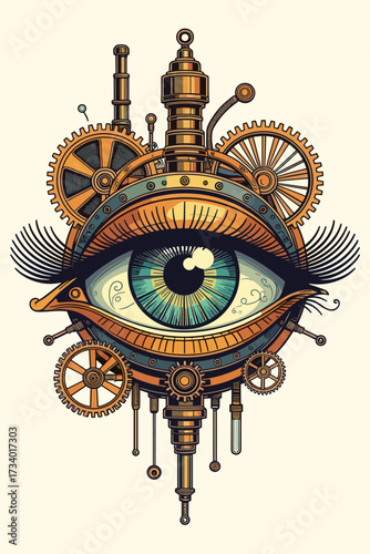 Mechanical steampunk eye with gears and cogs illustration