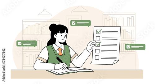 Illustration of a focused young woman completing tasks from checklist with checkmarks